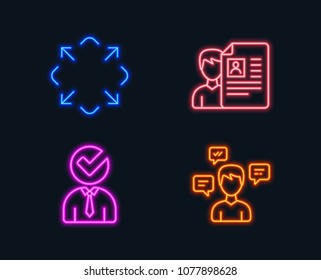 Neon lights. Set of Vacancy, Job interview and Maximize icons. Conversation messages sign. Businessman concept, Cv file, Full screen. Communication.  Glowing graphic designs. Vector