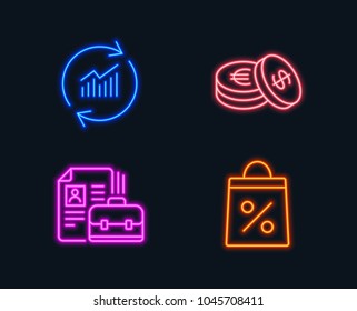 Neon lights. Set of Vacancy, Update data and Savings icons. Shopping bag sign. Hiring job, Sales statistics, Cash coins. Supermarket discounts.  Glowing graphic designs. Vector