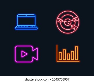 Neon lights. Set of Video camera, Targeting and Notebook icons. Column chart sign. Movie or cinema, Target with arrows, Laptop computer. Financial graph.  Glowing graphic designs. Vector