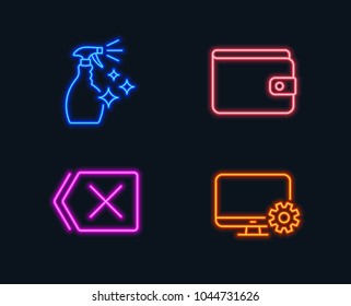 Neon lights. Set of Washing cleanser, Money wallet and Remove icons. Monitor settings sign. Housekeeping spray, Payment method, Delete button. Service cogwheel.  Glowing graphic designs. Vector