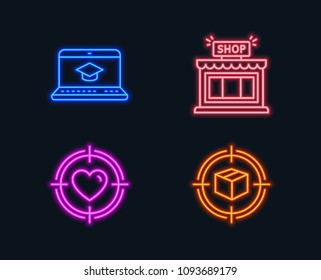 Neon lights. Set of Website education, Shop and Valentine target icons. Parcel tracking sign. Video learning, Store, Heart in aim. Box in target.  Glowing graphic designs. Vector
