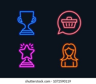 Neon lights. Set of Winner, Shopping cart and Award cup icons. Woman sign. Best star, Dreaming of gift, Trophy. Girl profile.  Glowing graphic designs. Vector