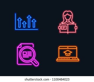 Neon lights. Set of Woman read, Upper arrows and Check article icons. Website education sign. Girl studying, Growth infochart, Magnifying glass. Video learning.  Glowing graphic designs. Vector