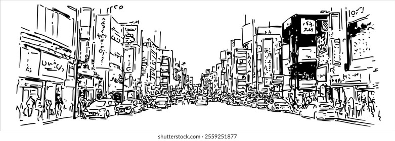 neon lights of Shinjuku in Tokyo city ​​panorama hand drawing doodle hatching vector sketch