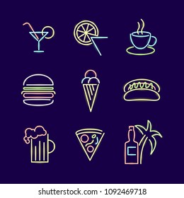 Neon Lights Signs Line Icon Set Bar Concept Include of Food, Dessert and Drink. Vector illustration of Light Sign