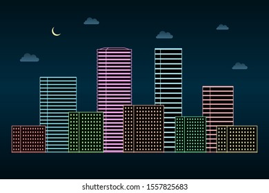 Neon lights of skyscrapers. Night metropolis. Vector illustration.