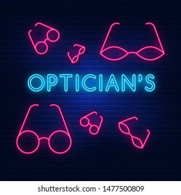 Neon lights store glasses. Bright advertising optics. Modern vector logo, banner, Board, picture labels of optics. Night advertising on the background of a brick wall.