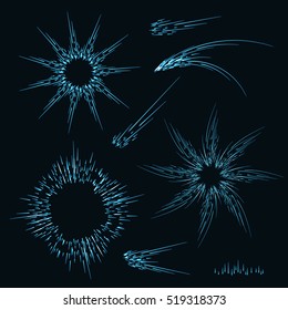 Neon lights sun.  Blue radial fractal on the black background in vector. Set of linear round figures, as the rays of the sun. Decoration borders or brush
