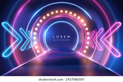 Neon lights tunnel with circle effects and lamps