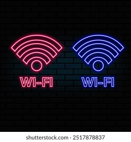 Neonlichter Wi-Fi . Hell ist das Internet. Modernes Vektorlogo, Banner, Schild, Zeichnung rasdachi Internet, Kommunikation, Wi-Fi. Nachtwerbung auf dem Hintergrund einer Ziegelmauer.