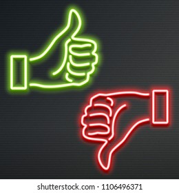 Neon like and dislike buttons, thumbs up & down, vector illustration design