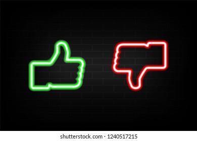 Neon Like and Dislike icons on background brick wall. Esp10
