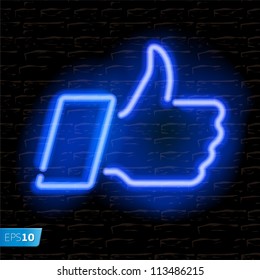 Neon Like/Thumbs Up symbol on brick wall background, vector Eps10 illustration.