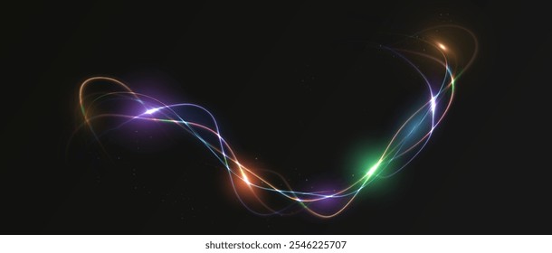 Neonlinie abstrakte elektrische Ladungen, Blitz. Energieblitze einzeln auf dunklem Hintergrund.	