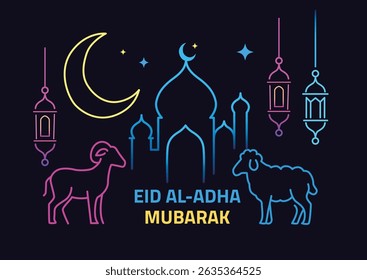 Neon Line Art Eid al-Adha Mubarak
Vibrant Eid Festival Greeting Design
Modern Islamic Holiday Illustration