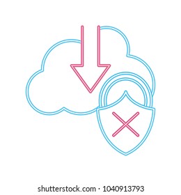 neon line cloud data downloading and padlock bad security