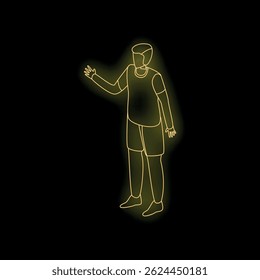 Neon linha de desenho de um jovem explicando algo, com um fundo preto