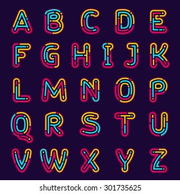 Neon line or fingerprint alphabet letters set. Font style, vector design template elements.