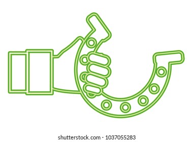 neon line hand man with metal horseshoe design
