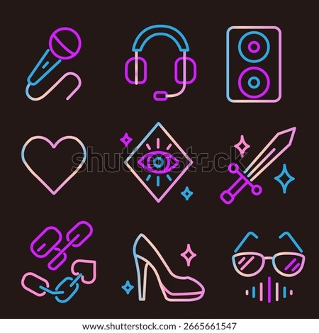 Neon line icon set featuring microphone, headset, speaker, heart, magic talisman, sword, chain, high heels, sunglasses, and sound wave. Perfect for music, fantasy, and concert themes.