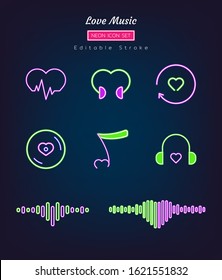 neon line icon symbol set, music love concept, heart wave, sound, colorful glowing, Isolated vector design, editable stroke
