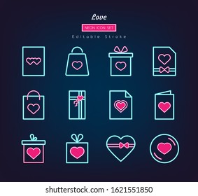 neon line icon symbol set, love festival concept, happy valentine's day, heart gift colorful glowing, Isolated vector design, editable stroke