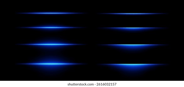 Neon line light with flare effect. Blue laser beam glow. Horizontal led strip. Vector set of dynamic futuristic dividers isolated on black background.