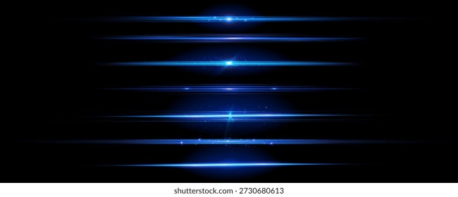 Luz de linha de néon com efeito de clarão. Raio laser azul brilhante. Fita LED horizontal. Conjunto de vetores de divisores futuristas dinâmicos isolados em fundo preto.