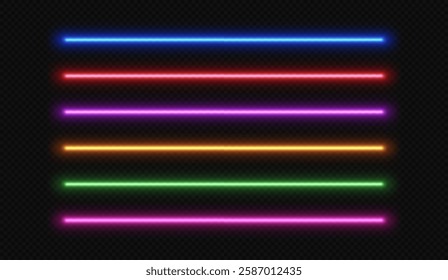 Neon line light. LED laser stripe. Fluorescent tube glow. Set of vector electric beams dividers isolated on black transparent background.