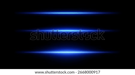 Neon line light. Straight blue beam with flare effect on black background. Vector glow of led laser stripe.