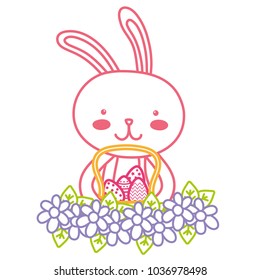 neon line rabbit animal with eggs easter inside hamper and flowers design