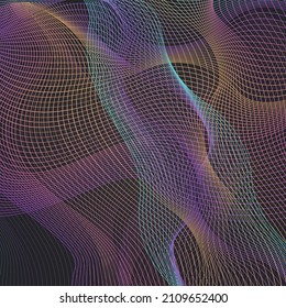 Neon Line Smooth Vector Black Background. Gradient Curve Effect Texture. Waveform Sound Cover. Digital Stripe Creative Design.