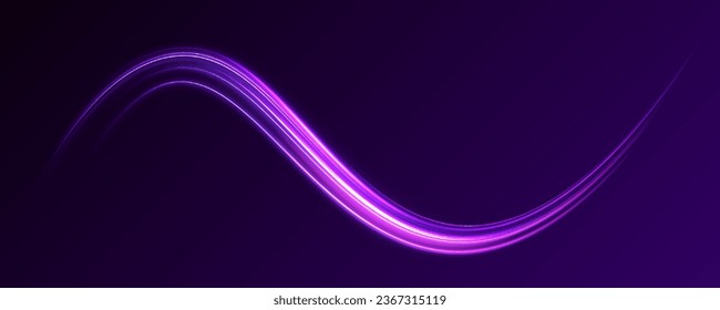 Neon line as speed or arc, turn, twist, bend in light effect. Light arc in neon colors, in the form of a turn and a zigzag. Abstract background in blue, yellow and orange neon colors.	