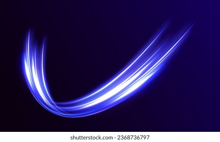 Neon line as speed or arc, turn, twist, bend in light effect. Light arc in neon colors, in the form of a turn and a zigzag. Abstract background in blue, yellow and orange neon colors.	