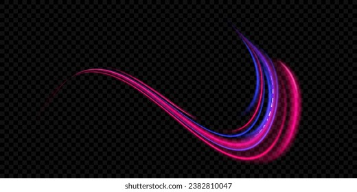 Neon line as speed or arc, turn, twist, bend in light effect. Light arc in neon colors, in the form of a turn and a zigzag. Abstract background in blue, yellow and orange neon colors.