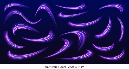 Neon line as speed or arc, turn, twist, bend in light effect. Light arc in neon colors, in the form of a turn and a zigzag. Abstract background in blue, yellow and orange neon colors.	
