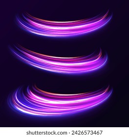 Neon line as speed or arc, turn, twist, bend in light effect. Light arc in neon colors, in the form of a turn and a zigzag. Abstract background in blue, yellow and orange neon colors.	