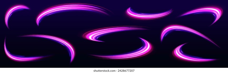 Neon line as speed or arc, turn, twist, bend in light effect. Light arc in neon colors, in the form of a turn and a zigzag. Abstract background in blue, yellow and orange neon colors.	