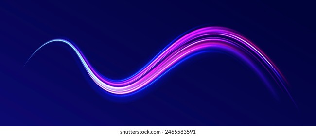 Neon line as speed or arc, turn, twist, bend in light effect. Light arc in neon colors, in the form of a turn and a zigzag. Abstract background in blue, yellow and orange neon colors.	