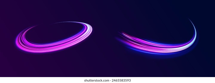 Línea de neón como velocidad o arco, girar, torcer, doblar en efecto de luz. Arco claro en colores neón, en forma de giro y zigzag. Fondo Abstractas en colores de neón azul, amarillo y naranja.	