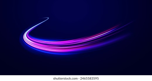 Neon line as speed or arc, turn, twist, bend in light effect. Light arc in neon colors, in the form of a turn and a zigzag. Abstract background in blue, yellow and orange neon colors.	