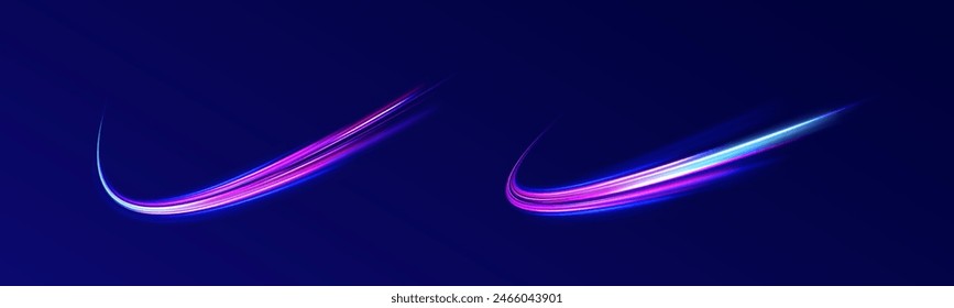 Neon line as speed or arc, turn, twist, bend in light effect. Light arc in neon colors, in the form of a turn and a zigzag. Abstract background in blue, yellow and orange neon colors.	