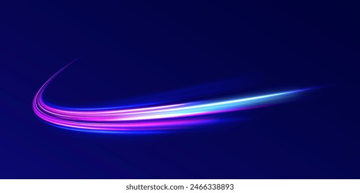 Neon line as speed or arc, turn, twist, bend in light effect. Light arc in neon colors, in the form of a turn and a zigzag. Abstract background in blue, yellow and orange neon colors.	