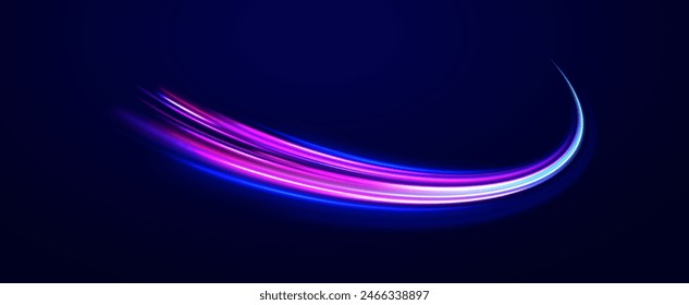 Línea de neón como velocidad o arco, girar, torcer, doblar en efecto de luz. Arco claro en colores neón, en forma de giro y zigzag. Fondo Abstractas en colores de neón azul, amarillo y naranja.	