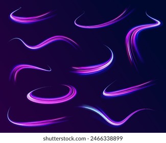 Neon line as speed or arc, turn, twist, bend in light effect. Light arc in neon colors, in the form of a turn and a zigzag. Abstract background in blue, yellow and orange neon colors.	