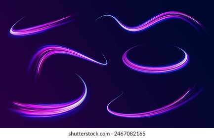 Neon line as speed or arc, turn, twist, bend in light effect. Light arc in neon colors, in the form of a turn and a zigzag. Abstract background in blue, yellow and orange neon colors.	