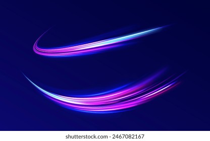 Línea de neón como velocidad o arco, girar, torcer, doblar en efecto de luz. Arco claro en colores neón, en forma de giro y zigzag. Fondo Abstractas en colores de neón azul, amarillo y naranja.	