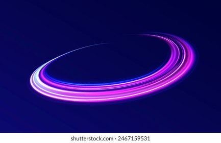 Neon line as speed or arc, turn, twist, bend in light effect. Light arc in neon colors, in the form of a turn and a zigzag. Abstract background in blue, yellow and orange neon colors.	