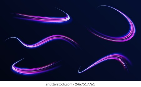 Neon line as speed or arc, turn, twist, bend in light effect. Light arc in neon colors, in the form of a turn and a zigzag. Abstract background in blue, yellow and orange neon colors.	