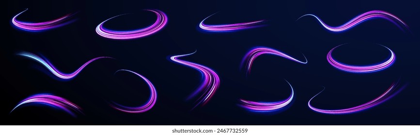 Neon line as speed or arc, turn, twist, bend in light effect. Light arc in neon colors, in the form of a turn and a zigzag. Abstract background in blue, yellow and orange neon colors.	